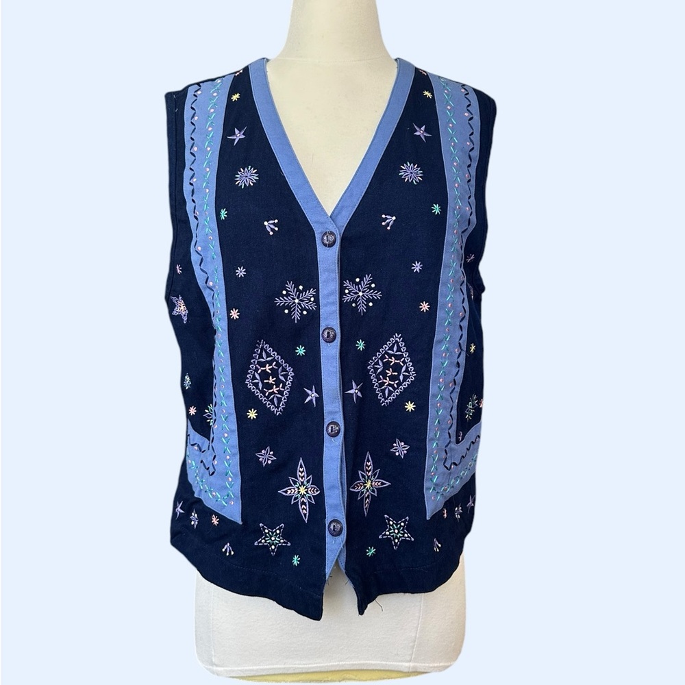 Vintage winter themed navy blue vest with snowflakes‎ and stars embroidery